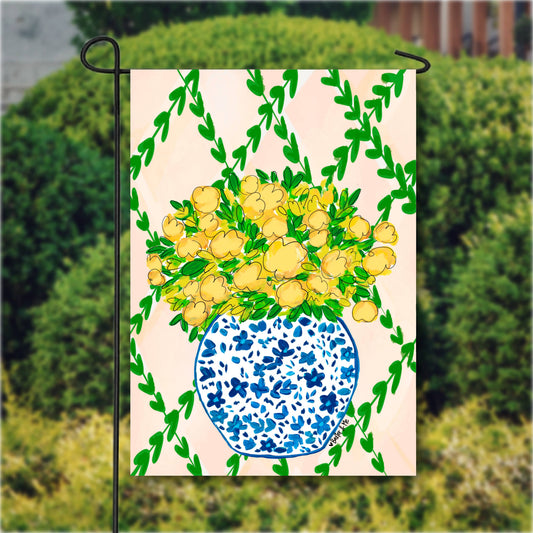Yellow Floral in Blue Willow Garden Flag - Baxter & Me