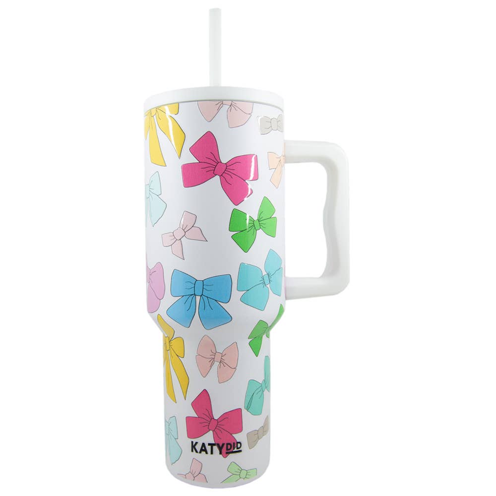 Multicolored Coquette Bows 38 Oz Tumbler w/ Handle: White