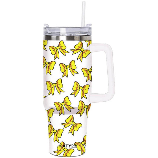 Softball Bow Tumbler with Handle: White