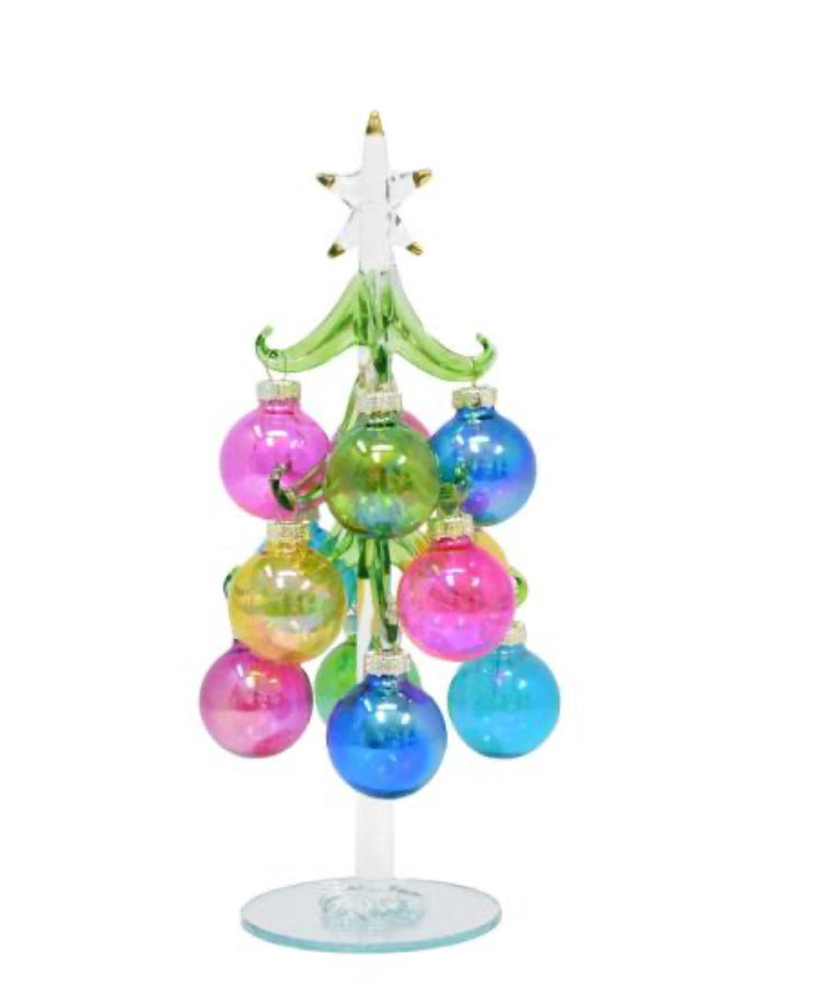 Green Glass Tree 8” with Translucent Ornaments