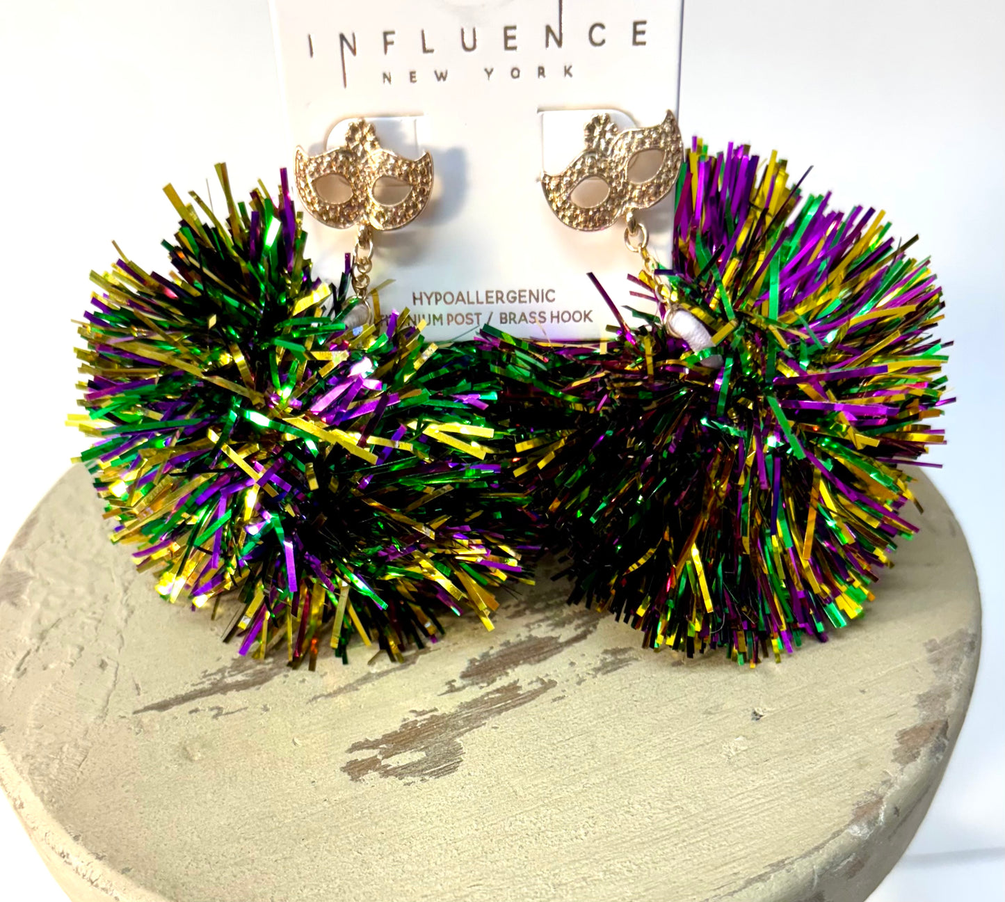 Festive Mardi Gras Tinsel Pom Pom Earrings