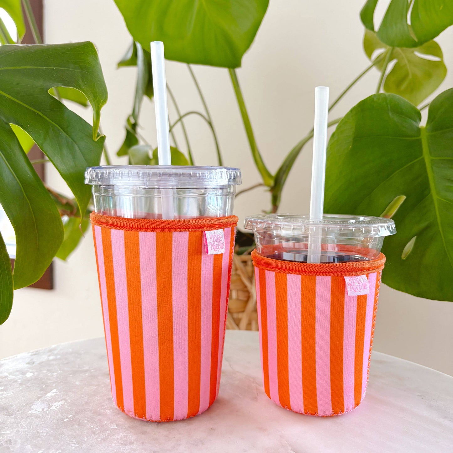 Coffee Cup Cover - Pink & Orange Stripes - Iced Drink Sleeve: Large / 24oz