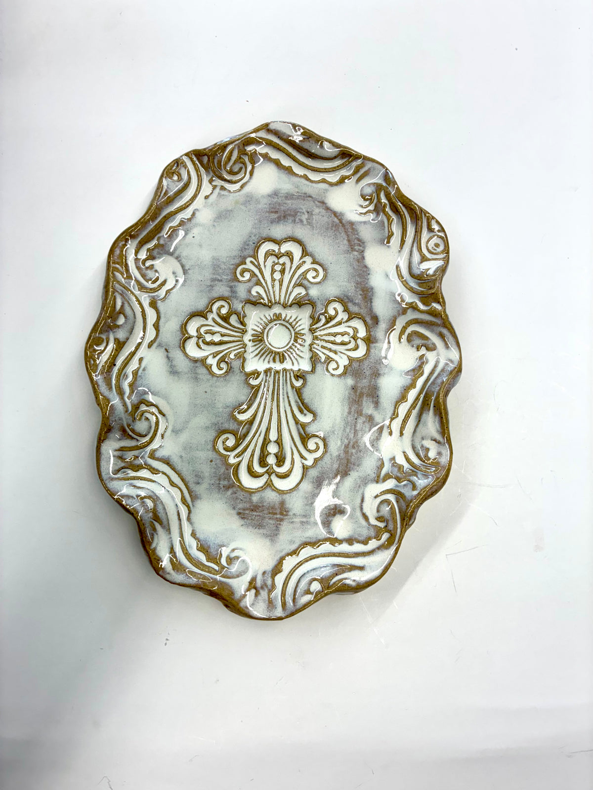 Ruffled Filigree Cross Tray - Tab Boren Pottery 10x7  #408
