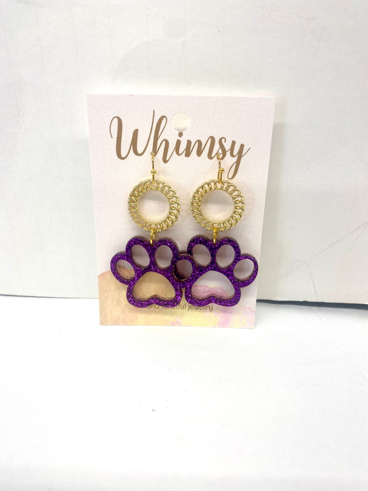 Gold / Purple Glitter Paw Earrings / LSU  Whimsy Jewels