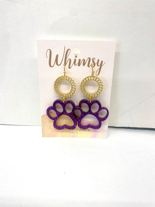 Gold / Purple Glitter Paw Earrings / LSU  Whimsy Jewels