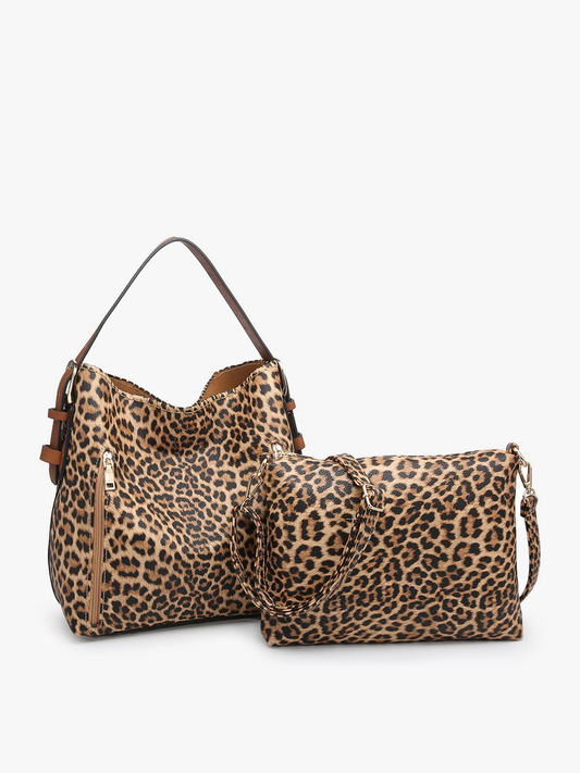 Alexa 2-in-1 Hobo Bag w/Dual Zip Compartments: Leopard-Mustard