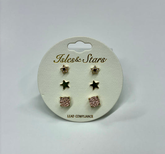3-Pair Small Stud Earrings (Pink Druzy or White)