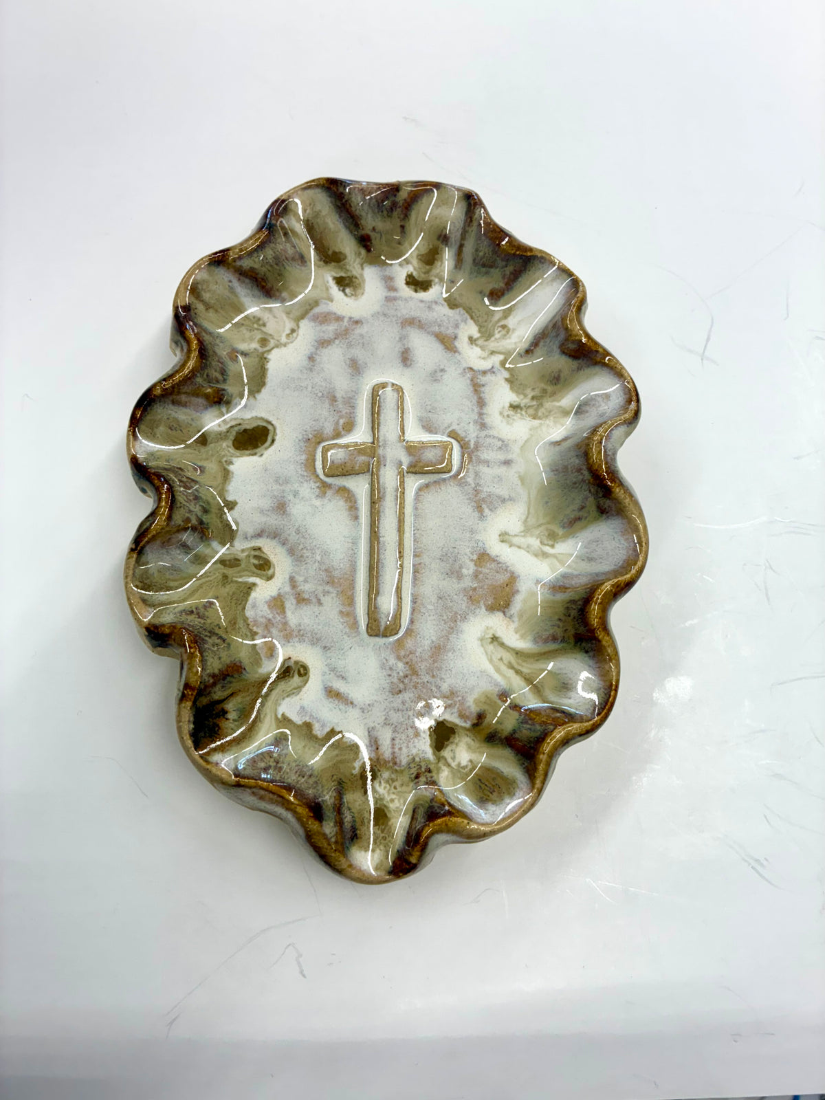 Ruffled Cross Dish 7x5” -Tab Boren Pottery #236