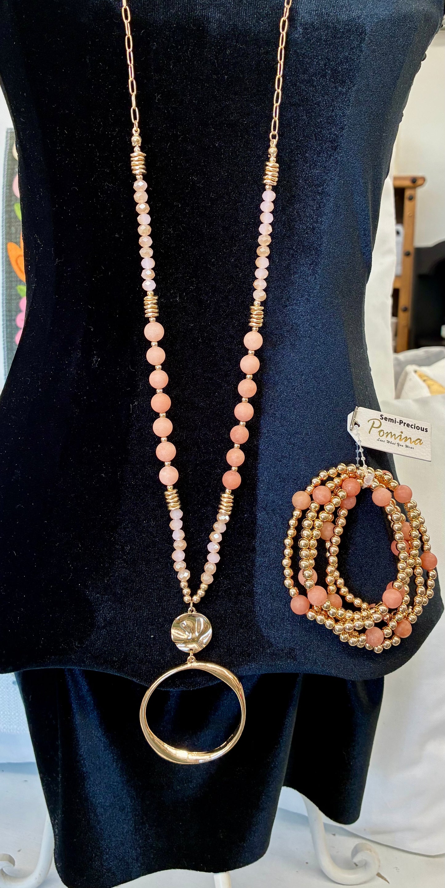 Pink/Peach Semi Precious Beaded Long Necklace With Gold Accents / Semi precious Beaded Pink/Peach & Gold Beaded Bracelet