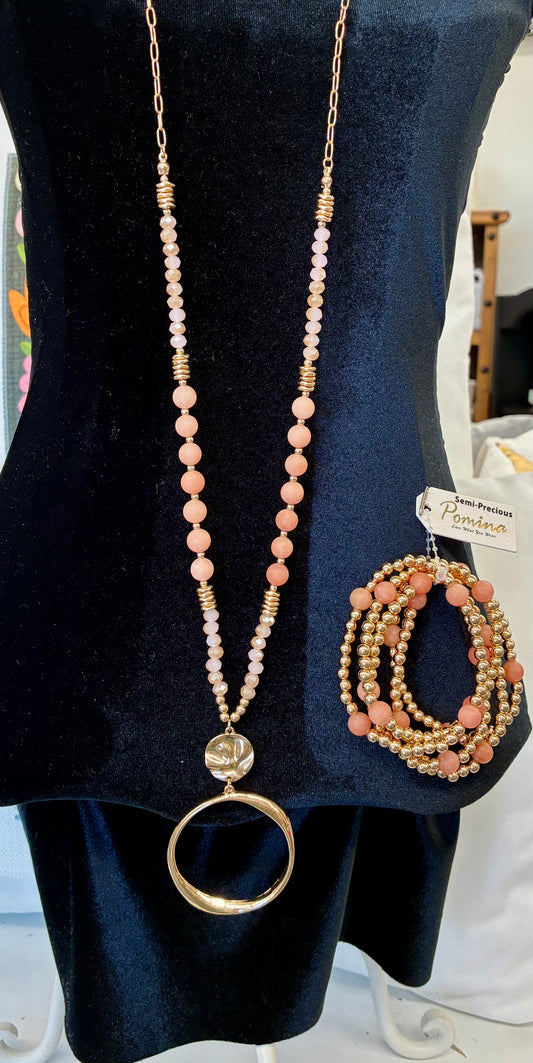 Pink/Peach Semi Precious Beaded Long Necklace With Gold Accents / Semi precious Beaded Pink/Peach & Gold Beaded Bracelet