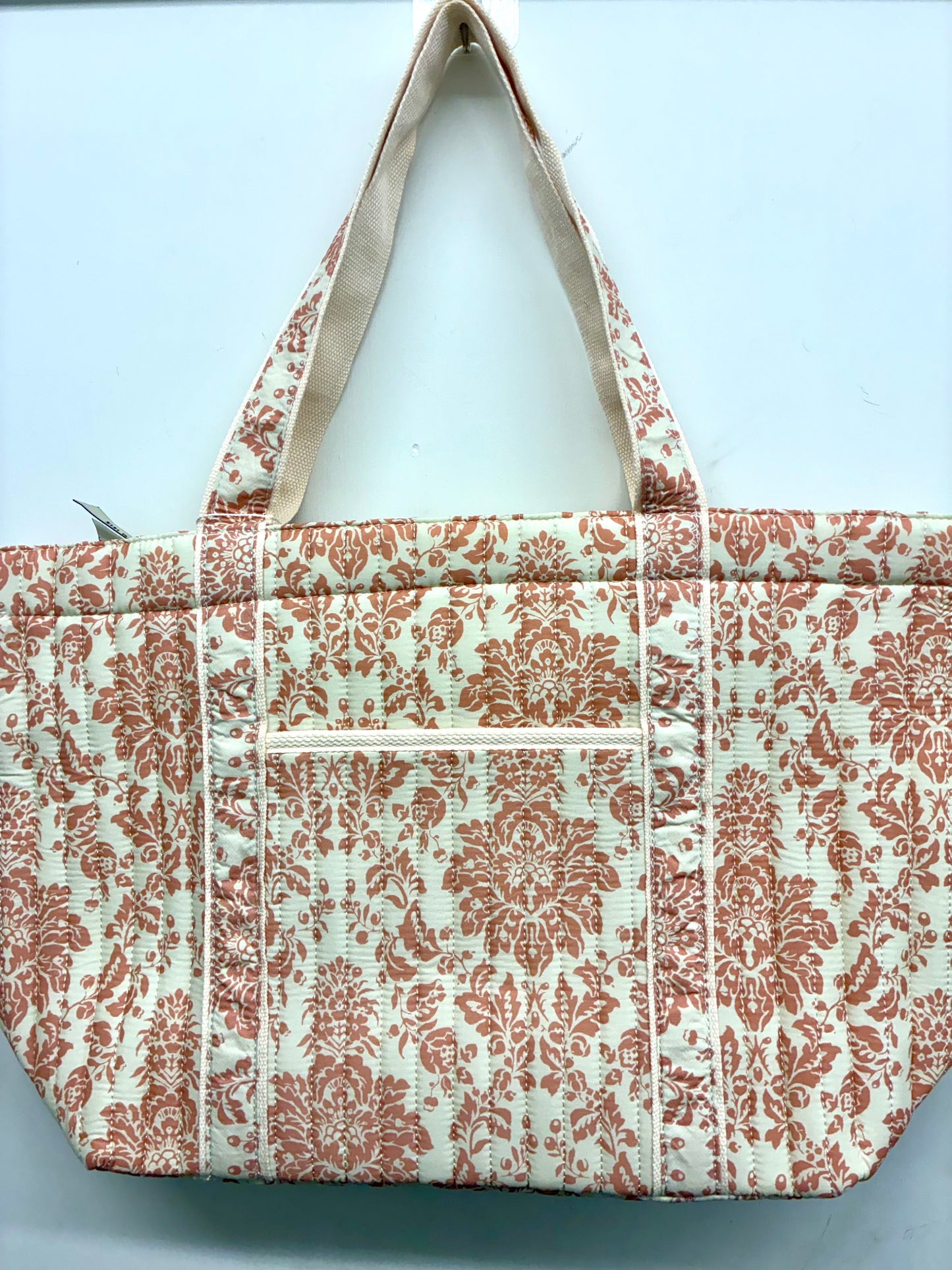 Quilted Floral Damask Print Large Tote Bag - White & Pink