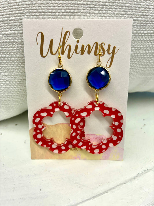 Red/White Clover Acrylic Earrings with Blue Stone / Whimsy Jewels