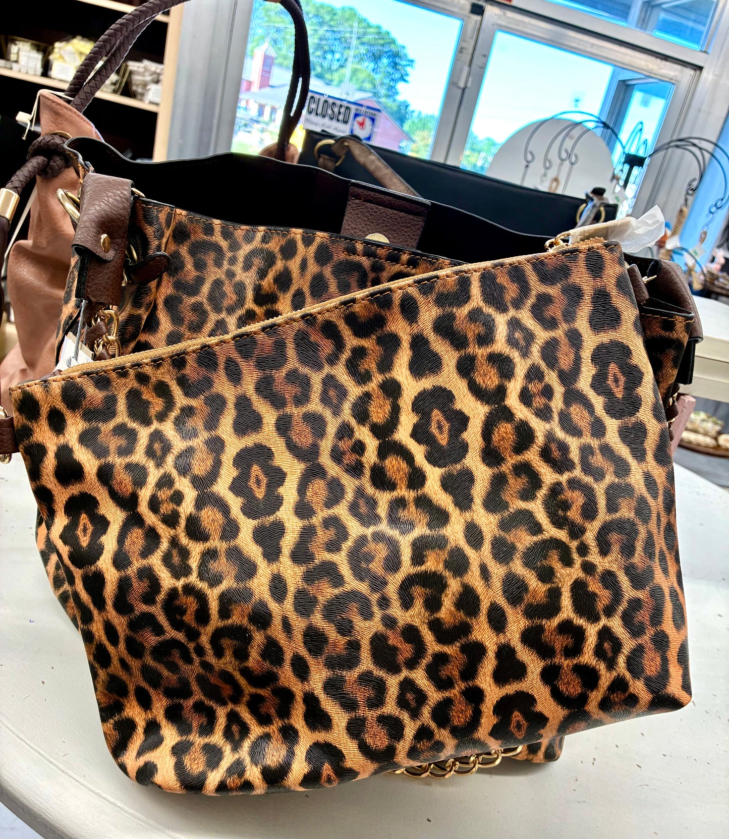 2 in 1 Leopard Print Hobo Style Bag with Chain Strap with extra Pouch for or for Crossbody