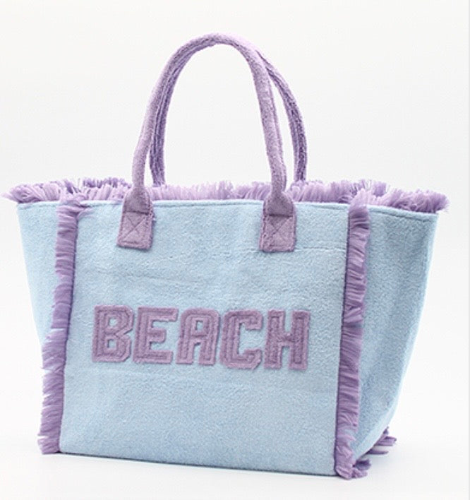 Fuzzy “BEACH” Fringe Tote- Blue & Lavender