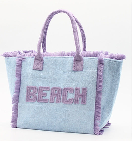 Fuzzy “BEACH” Fringe Tote- Blue & Lavender