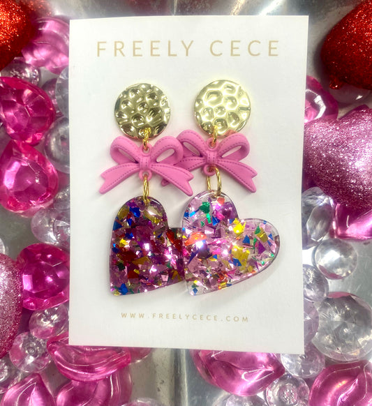 Gold- Pink Bow - Pink Confetti Heart Earrings / Freely CeCe