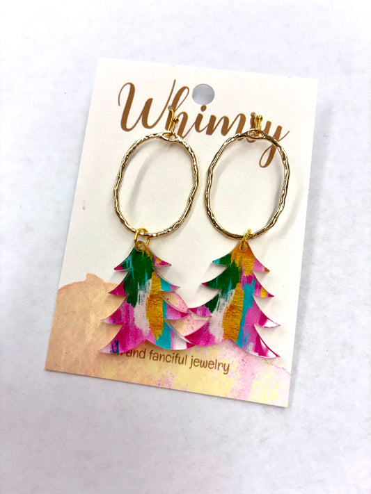 Multicolored Christmas Tree & Gold Hoop Earrings