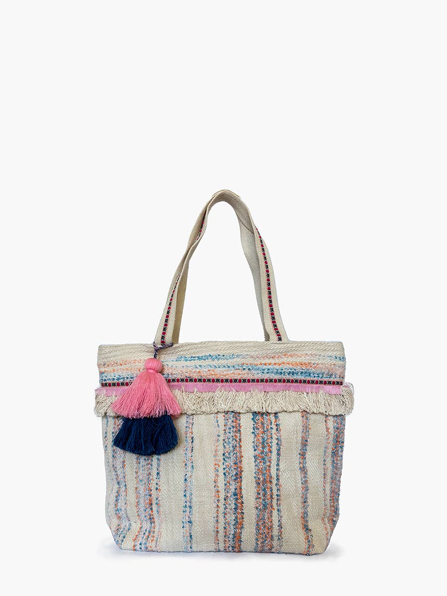 Jen & Co.  Vivi Striped Cotton Tote w/ Fringe & Tassels: Blue/Pink