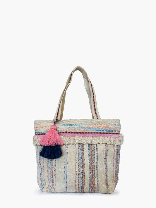 Jen & Co.  Vivi Striped Cotton Tote w/ Fringe & Tassels: Blue/Pink