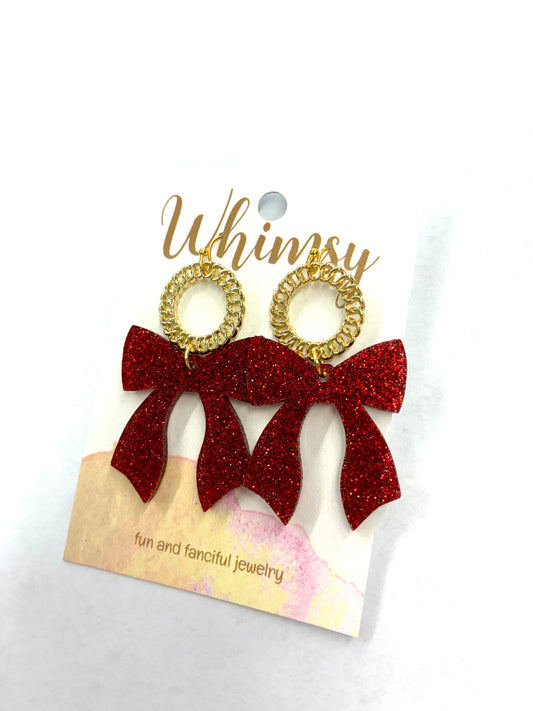 Red Glitter Bow Earrings