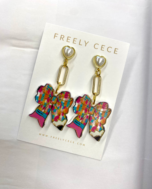 Pencil Bows with Pearl Hearts Teacher Earrings