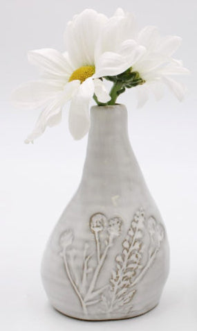 4” Skinny Ceramic Vase with Debossed Flowers, White