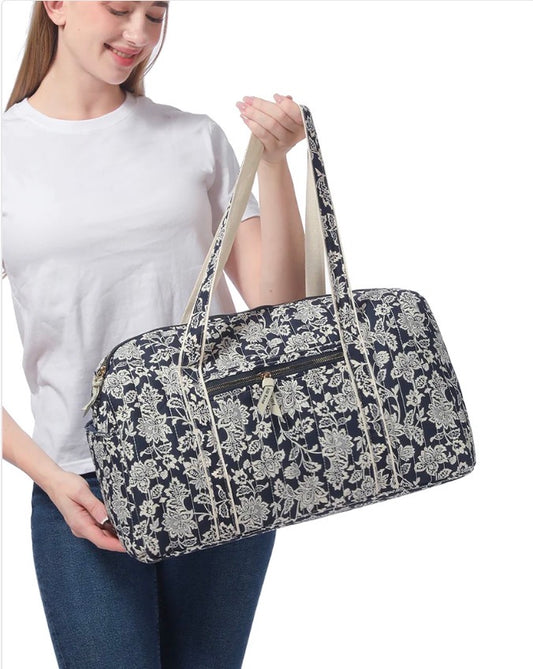 Navy Floral Quilted Weekender Tote Bag
