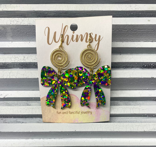 Mardi Gras Multicolored Glitter Bows with Swirl Disk / Whimsy Jewels