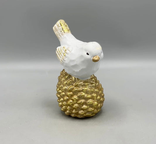 Small Resin White Bird on Gold Pinecone Figurine