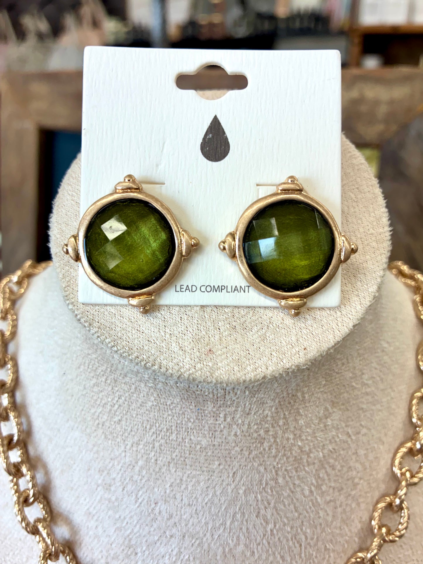 Gold Post Earrings with Green Glass Stone