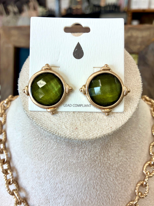 Gold Post Earrings with Green Glass Stone