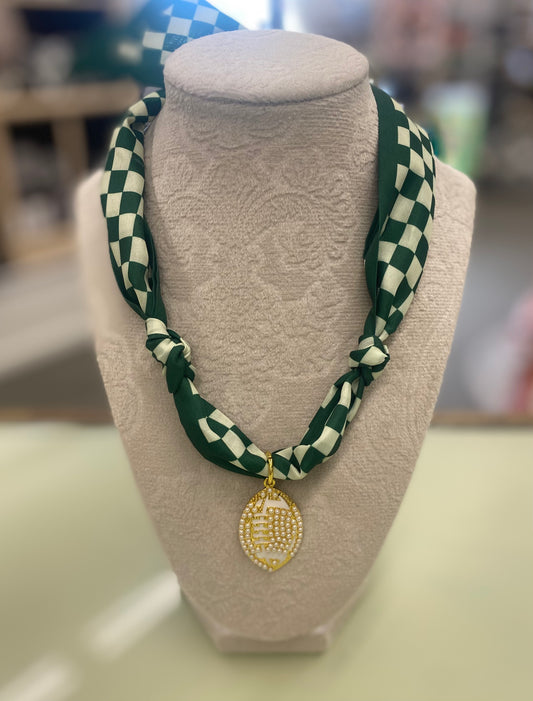Green & White/Ivory Checkered Football Charm Necklace