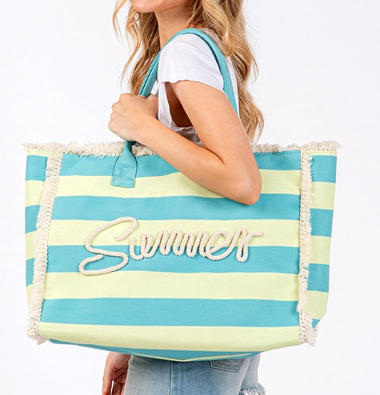 Embroidered Fringe Striped Tote Beach Bag