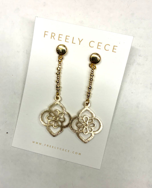 Gold Drop Dangle Earrings with Floral Filigree - Freely Cece