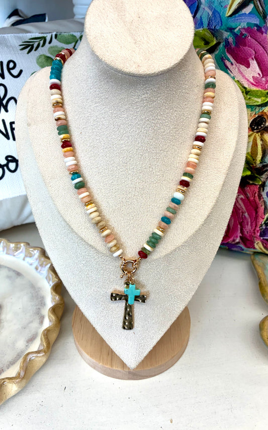 Multicolored Beaded Stone Necklace with Hammered Gold Cross & Turquoise Small Cross