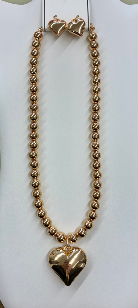 Beaded Puff Heart Necklace & Earrings