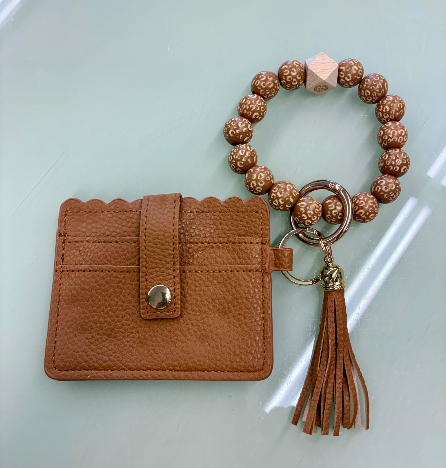 Beaded Leopard Keyring with Wallet Brown or Pink