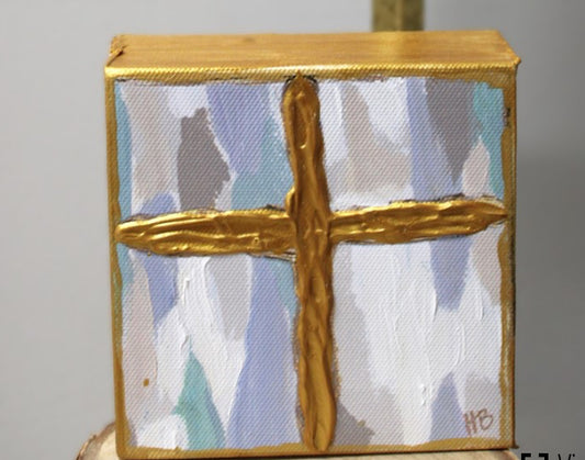 Handpainted Canvas Tabletop Cross Pale Blue/Gold