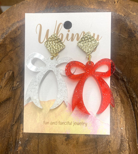 Red & White glitter bow earrings / Whimsy Jewels