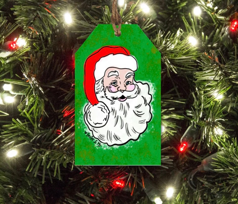 Traditional Green & Red Santa Gift Tag Ornament- Baxter & Me