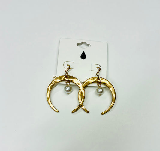 Hammered Crescent Pearl Drop Earrings (gold or silver)