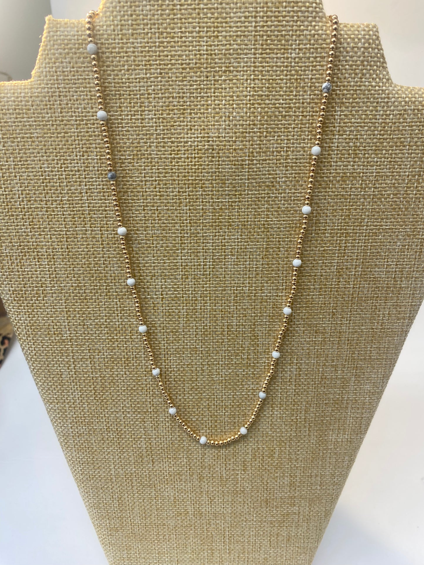 Gold and White Beaded Necklace 16” w/ 3” extender