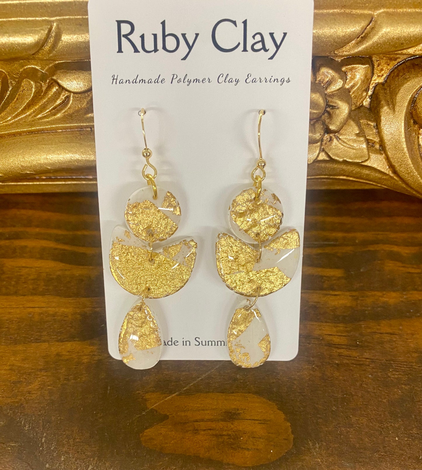 Polymer Clay Gold & White 3-tier Earrings by Ruby Clay