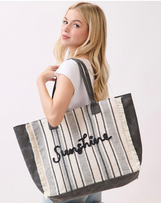 Vintage SUNSHINE Message Stripe Fringe Tote Bag