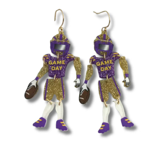 Gold & Purple Glitter Football Player Earrings