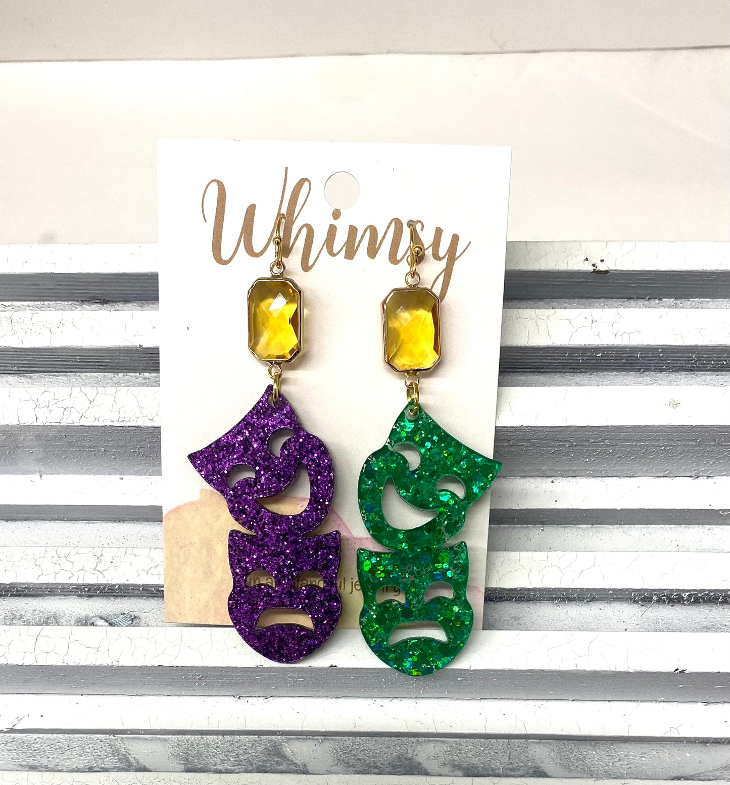 Mardi Gras Acrylic Glitter Mask Earrings with Gold Stone