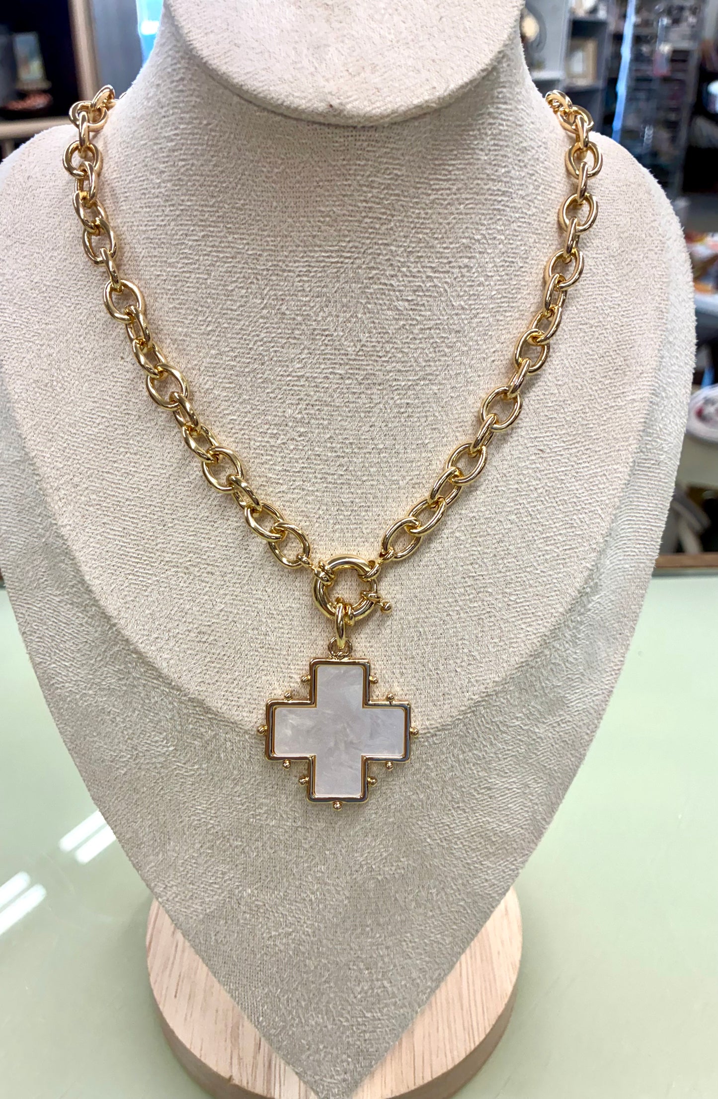 Mother of Pearl Gold Cross Necklace