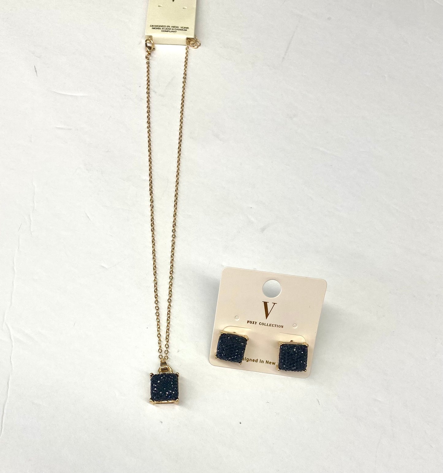 18” Gold Necklace with Square Black Druzy Pendant / Large Square Black Druzy Earring Studs / Sold Separately