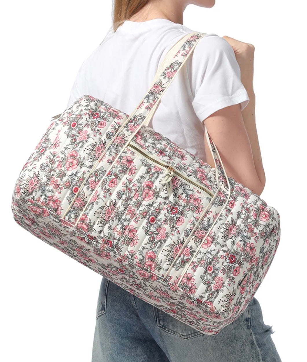 Ivory Floral Quilted Weekender Tote Bag