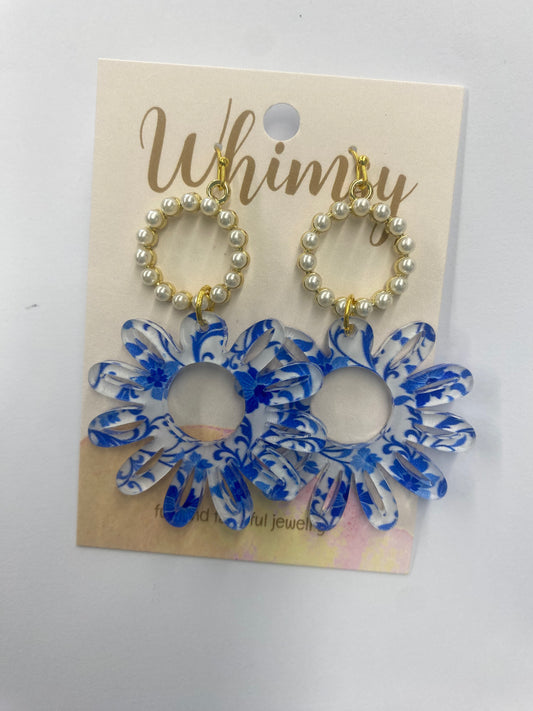 Blue & White Flower Earrings w Peal Accents